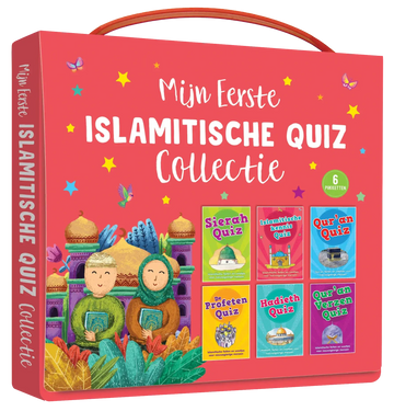 Helderrode geïllustreerde islamitische quizdoos met handvat en zes kleurrijke boekjes in de grote islam quizkaarten collectie