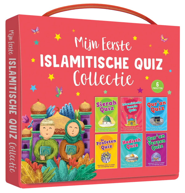 Helderrode geïllustreerde islamitische quizdoos met handvat en zes kleurrijke boekjes in de grote islam quizkaarten collectie