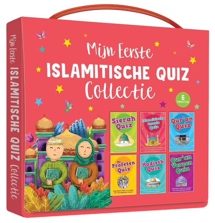 Helderrode geïllustreerde islamitische quizdoos met handvat en zes kleurrijke boekjes in de grote islam quizkaarten collectie