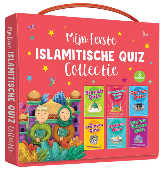 Helderrode geïllustreerde islamitische quizdoos met handvat en zes kleurrijke boekjes in de grote islam quizkaarten collectie