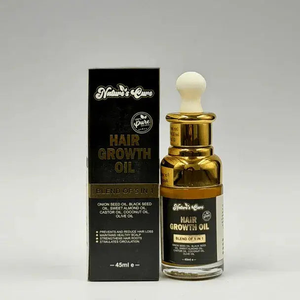 Golden glass bottle of haargroeiolie 30ml with white dropper cap and black label showing blend of five oils