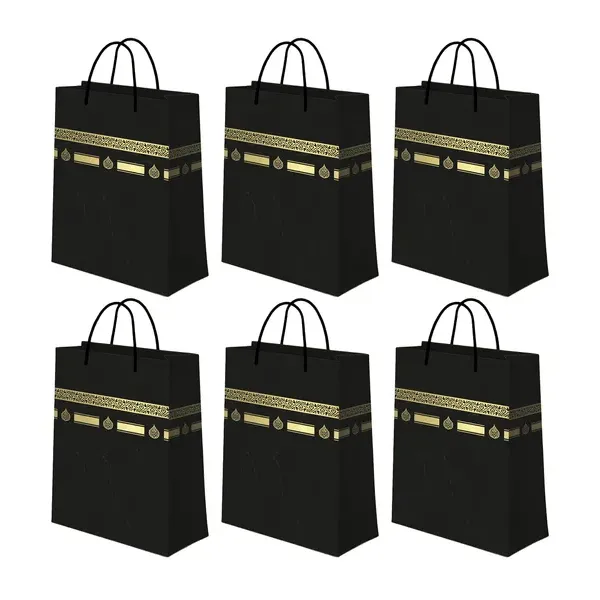 Zes zwarte Umrah giftbags mini met decoratieve gouden trimpatronen