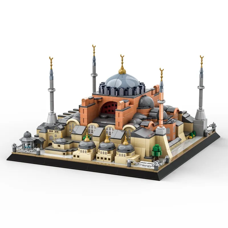 Gedetailleerde oranje-grijze Lego Hagia Sophia met gouden koepels en minarets, 1436 onderdelen