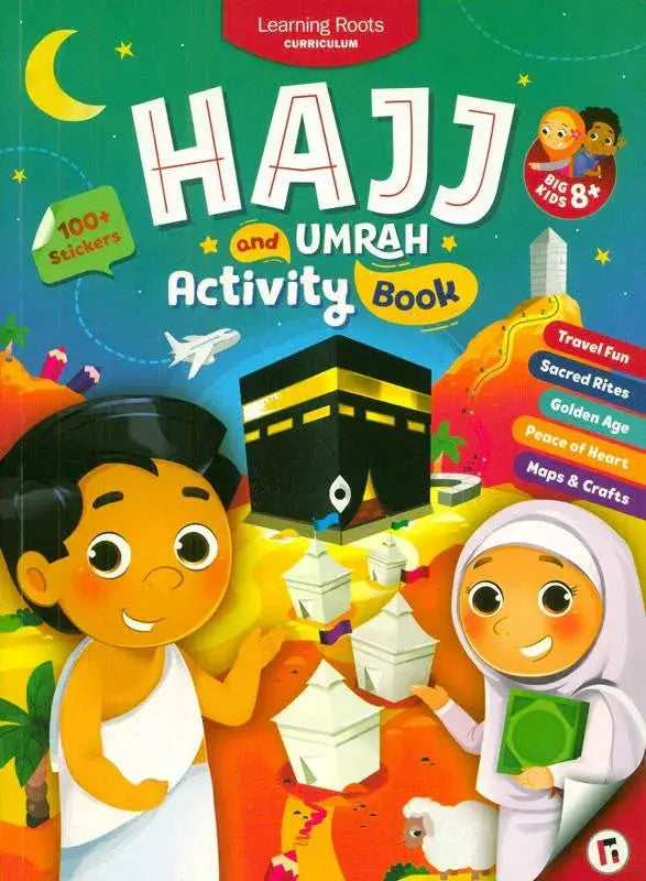 Colorful hajj and umrah activity book with cartoon kids, kaaba, and travel-themed illustrations for children