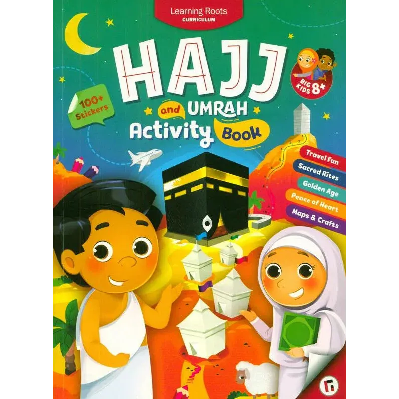 Colorful hajj and umrah activity book with cartoon kids, kaaba, and travel-themed illustrations for children
