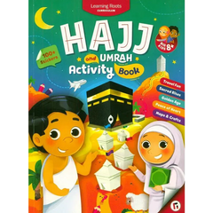 Colorful hajj and umrah activity book with cartoon kids, kaaba, and travel-themed illustrations for children