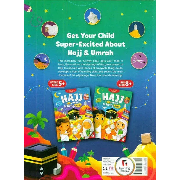 Twee kleurrijke hajj en umrah activity books voor kinderen met levendige illustraties van kinderen en de kaaba op de covers