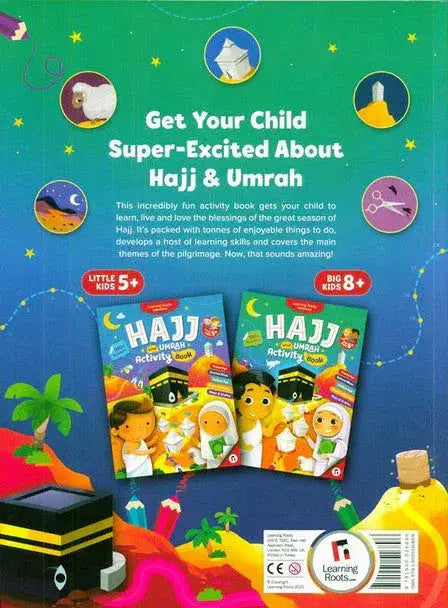 Twee kleurrijke hajj en umrah activity books voor kinderen met levendige illustraties van kinderen en de kaaba op de covers