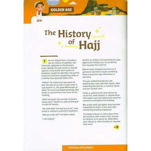 Gouden eeuw kinderboekpagina over de geschiedenis van hadj met geïllustreerde scènes uit de hadj en umrah activity book