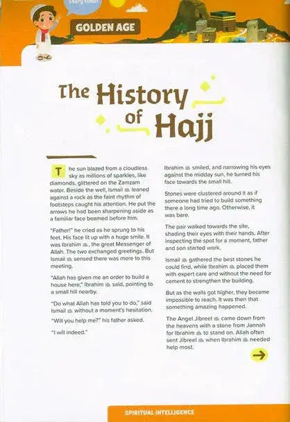Gouden eeuw kinderboekpagina over de geschiedenis van hadj met geïllustreerde scènes uit de hadj en umrah activity book