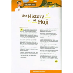 Gouden eeuw kinderboekpagina over de geschiedenis van hadj met geïllustreerde scènes uit de hadj en umrah activity book