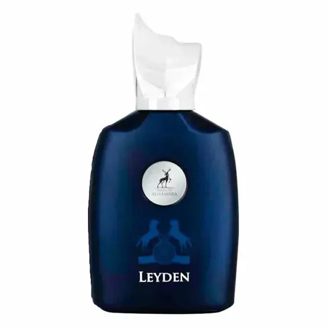 Diepblauwe glazen fles met witte dop en zilveren hert-embleem van alhambra parfum leyden