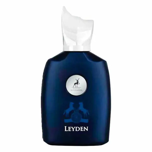 Diepblauwe glazen fles met witte dop en zilveren hert-embleem van alhambra parfum leyden