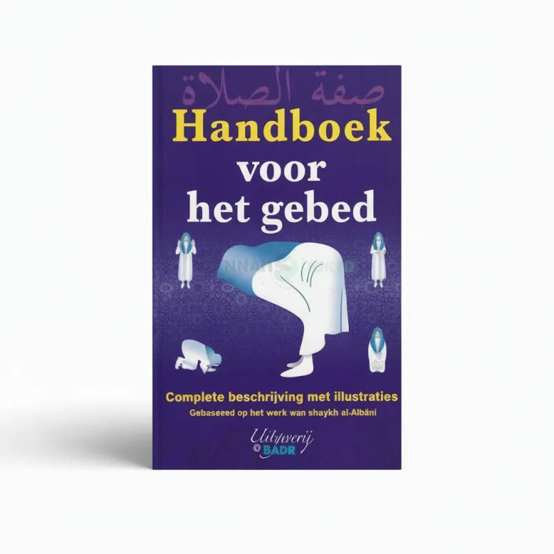 Paarse gebedshandleiding met witte en blauwe illustraties van biddende mensen op de omslag