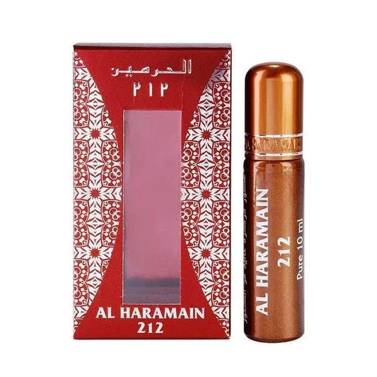 Bronzen roll-on parfumfles met gouden dop en witte letters naast rode patroonverpakking van al haramain parfumolie 212