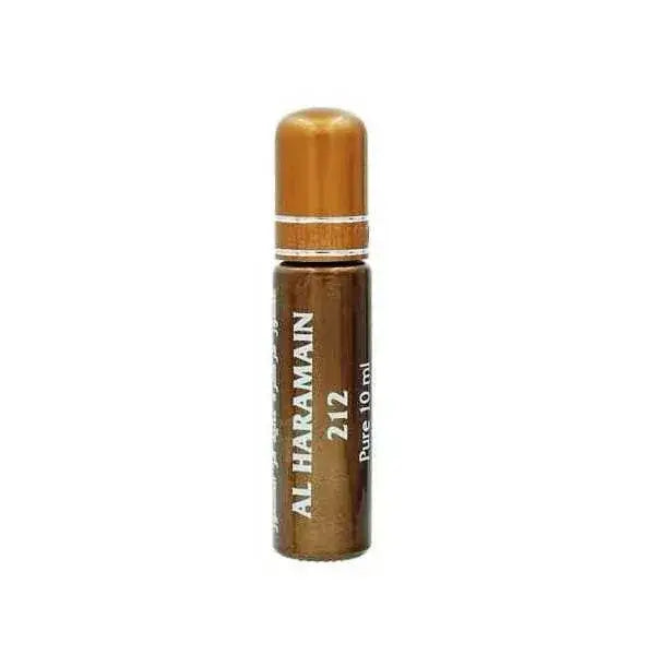 Een slanke amberkleurige glazen rollerfles met metalen gouden dop en zilveren band gelabeld al haramain 212 pure 10 ml