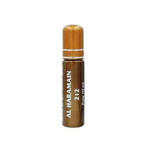 Een slanke amberkleurige glazen rollerfles met metalen gouden dop en zilveren band gelabeld al haramain 212 pure 10 ml
