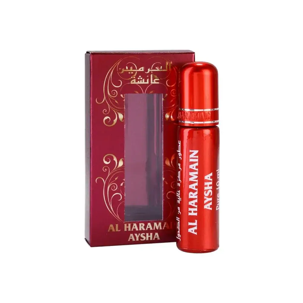 Rode metalen rollerball parfumfles met gouden letters en zilveren band van al haramain aysha parfumolie
