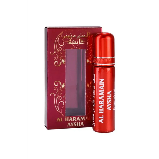 Rode metalen rollerball parfumfles met gouden letters en zilveren band van al haramain aysha parfumolie