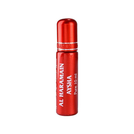 Achterzijde van een rode aluminium rollerball parfumfles van Al Haramain met zilveren band voor Al Haramain Parfumolie Aysha