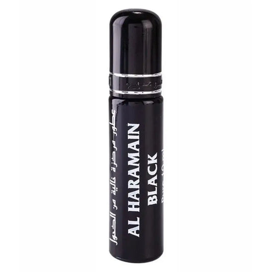 Zwarte al haramain black rollerbal parfumfles met zilveren accenten en witte letters al haramain parfumolie black