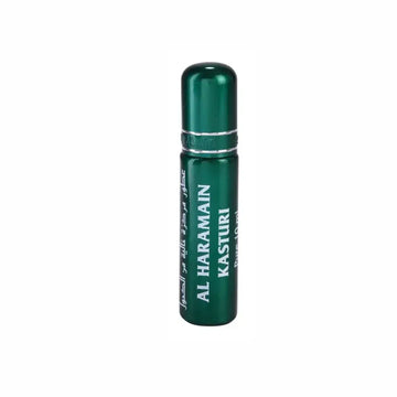 Een strakke donkergroene metallic rollerfles van al haramain parfumolie kasturi met zilveren letters en bijpassende dop