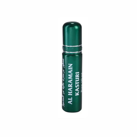 Een strakke donkergroene metallic rollerfles van al haramain parfumolie kasturi met zilveren letters en bijpassende dop