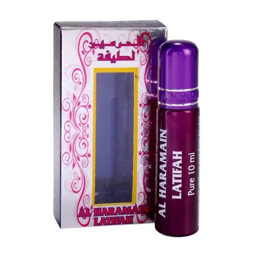 Al haramain parfumolie latifah met diepe paarse roll-on parfumfles van 10 ml en roze-witte sierverpakking