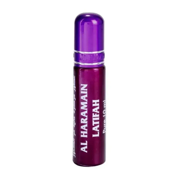 Een slanke metallic paarse roll-on parfumfles met een zilveren band en al haramain latifah label in wit