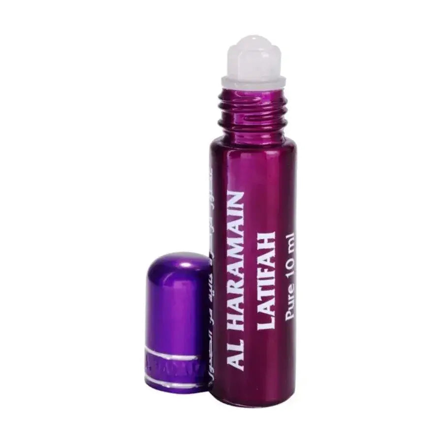 Paars metalen roll-on parfumflesje al haramain parfumoelie latifah pure 10 ml met witte dop en label
