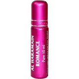 Een levendige roze metallic rollerball parfumfles met bijpassende dop van al haramain parfumolie romance pure 10 ml