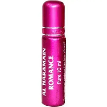 Een levendige roze metallic rollerball parfumfles met bijpassende dop van al haramain parfumolie romance pure 10 ml