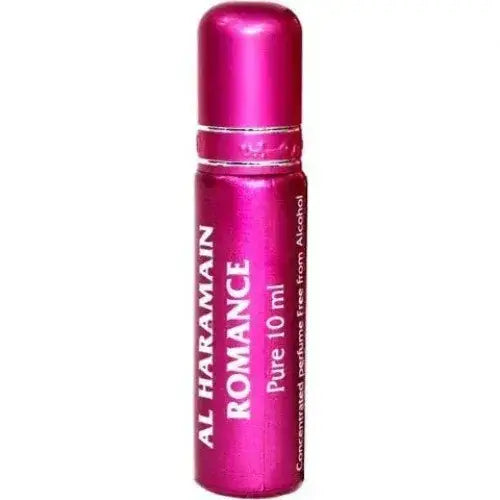 Een levendige roze metallic rollerball parfumfles met bijpassende dop van al haramain parfumolie romance pure 10 ml