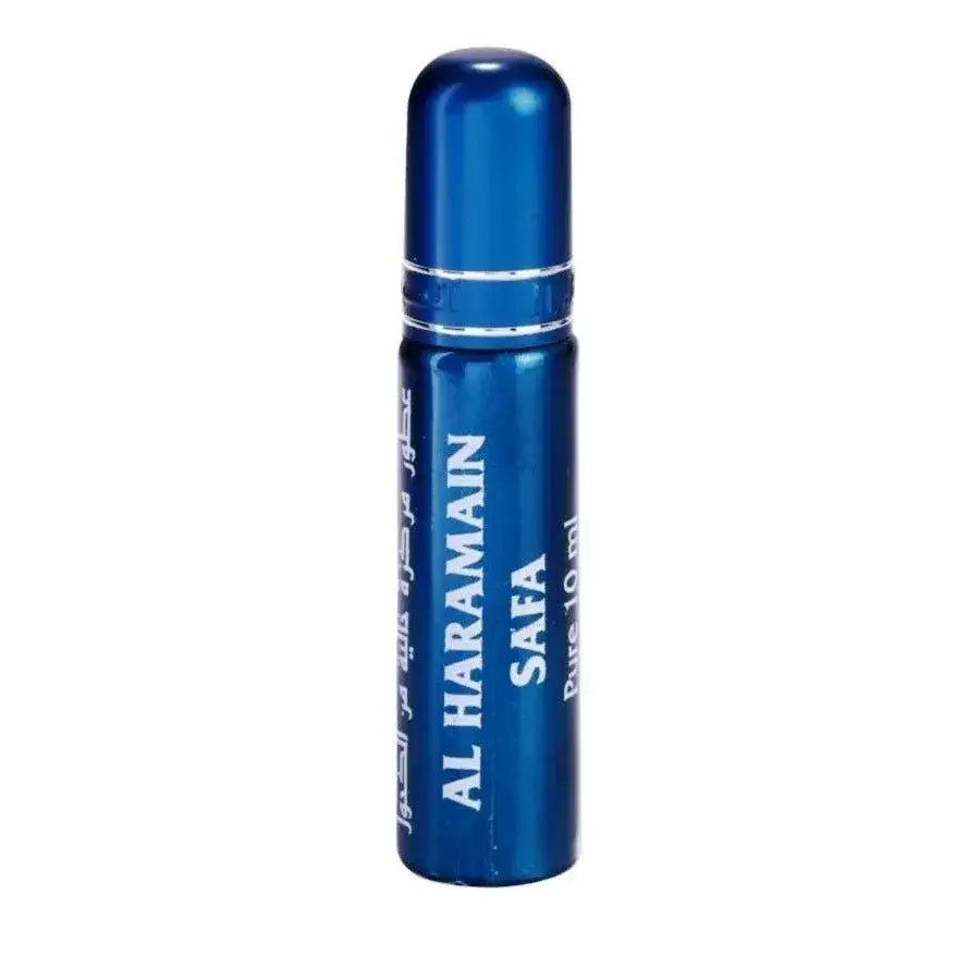 Blauwe metalen rollerball parfumfles al haramain safa met witte tekst en zilveren band voor parfumolie gebruik