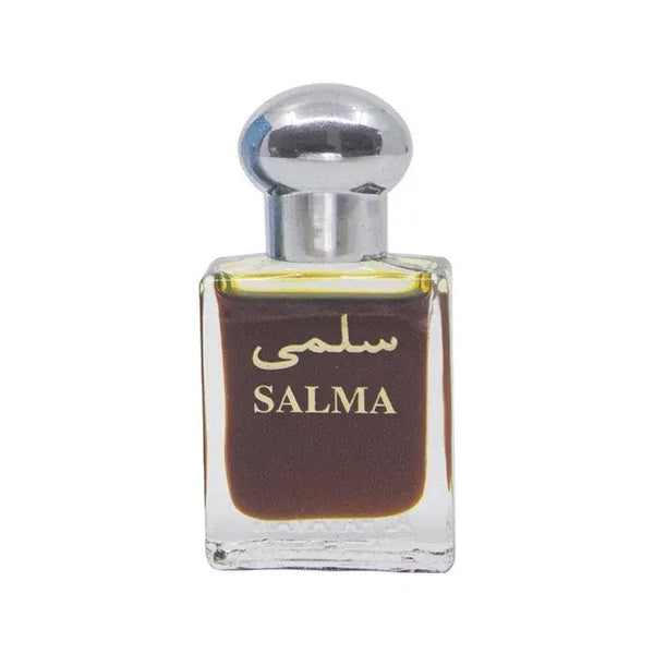 Een sleek transparante glazen fles met een zilveren dop en gouden letters met salma in arabisch en engels van al haramain parfumolie salma