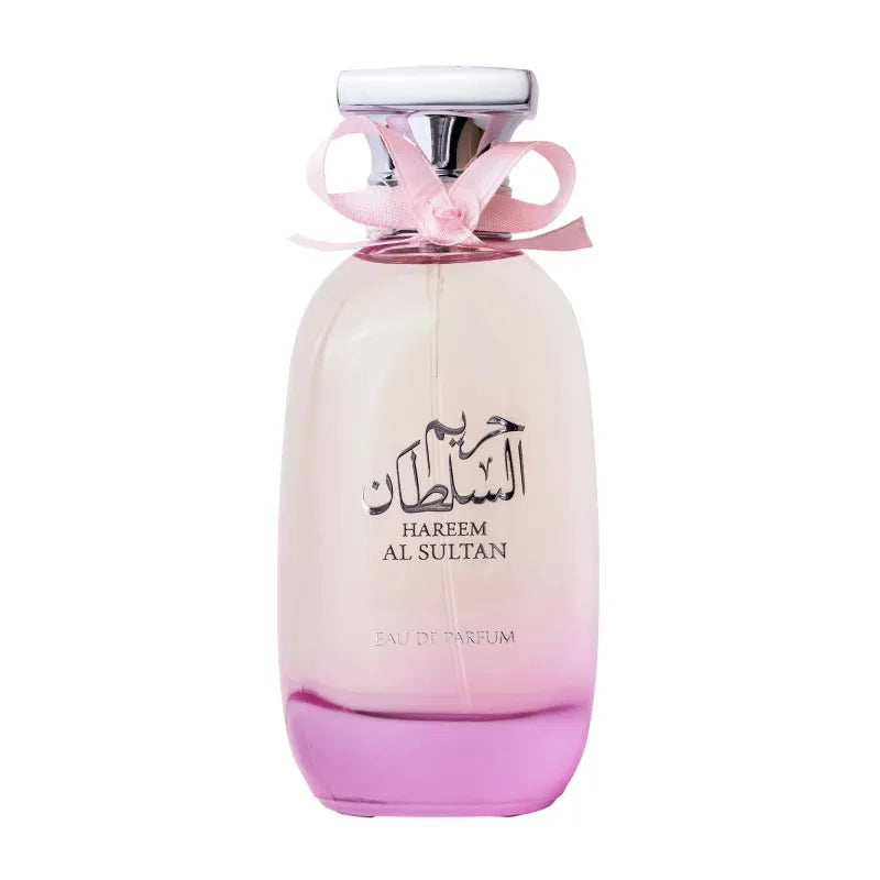 Roze en witte parfumbotter met zilveren deksels en strik voor Zaafaran Hareem Sultan