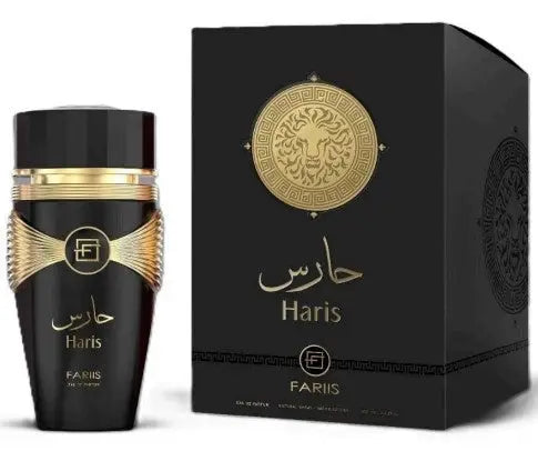 Zwart glazen parfumfles met gouden accenten en leeuwembleem met arabisch en engels haris van fariis edp