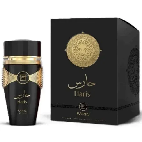 Zwart glazen parfumfles met gouden accenten en leeuwembleem met arabisch en engels haris van fariis edp