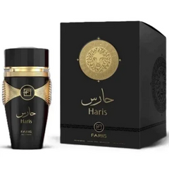 Zwart glazen parfumfles met gouden accenten en leeuwembleem met arabisch en engels haris van fariis edp