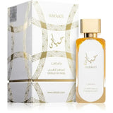 Hayaati gold gold elixir parfum in rechthoekige fles met gouden dop en wit etiket met gouden arabisch schrift