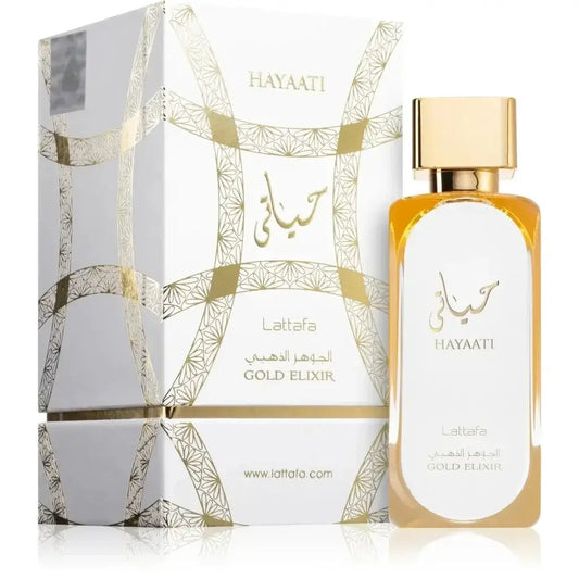 Hayaati gold gold elixir parfum in rechthoekige fles met gouden dop en wit etiket met gouden arabisch schrift