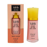 Roze glazen fles hayaati ana pink body lotion met gele dop en gouden band van het merk manasik