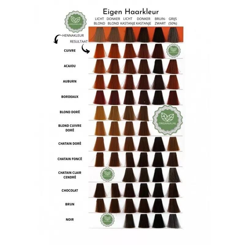 Haarkleurkaart met verschillende tinten chatain clair cendre en rood