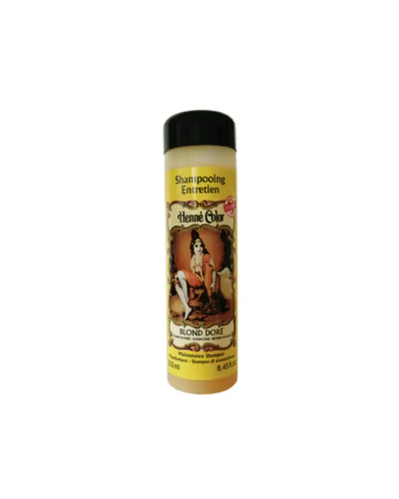 Gele fles hennashampoo blond doré haarverf 250 ml met zwarte dop en vintage stijl labelillustratie