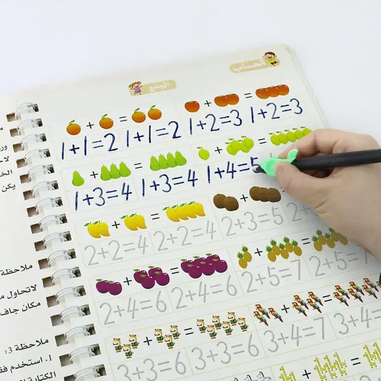 Math workbook met kleurrijke vruchten voor herbruikbare Arabische oefenwerkboeken