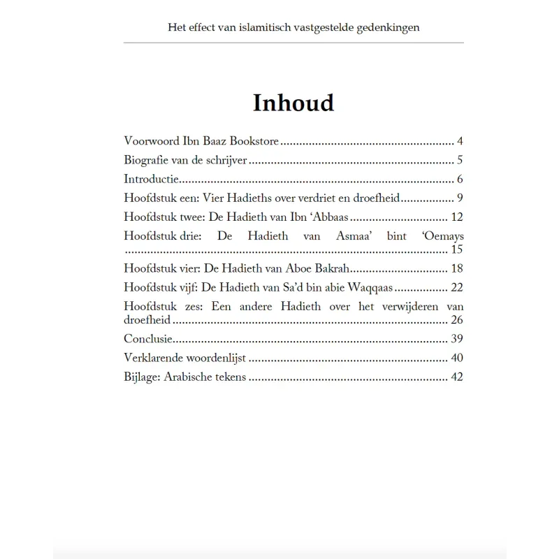 Table of contents van het product over islamitische gedenkingen en neerslachtige gevoelens