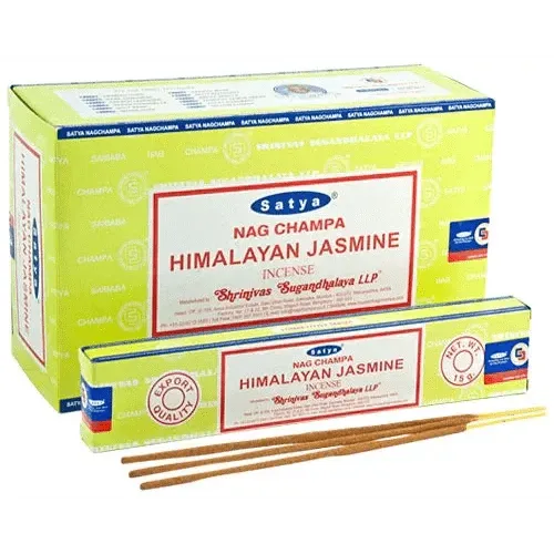 Box en pak Satya Nag Champa Himalaya Jasmine wierookstokjes voor een frisse geur