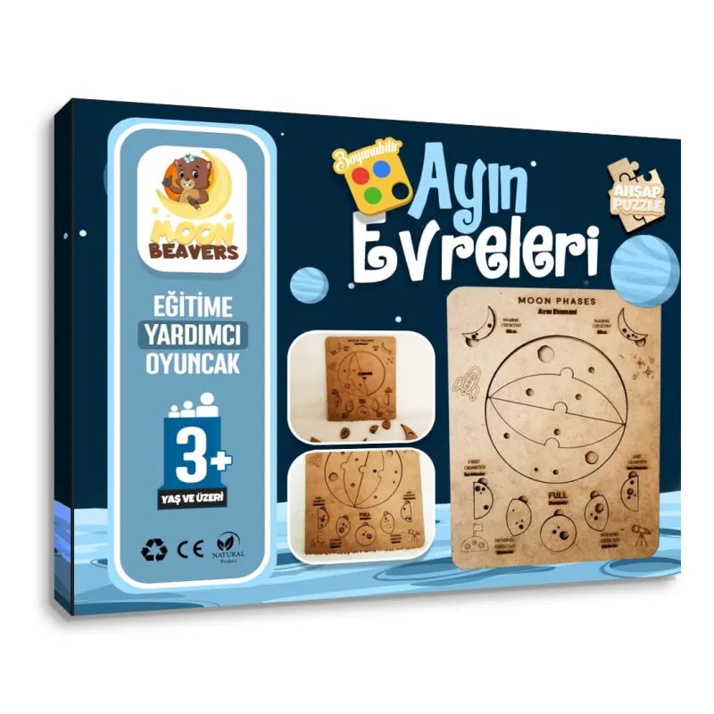 Educatieve houten maanfasen puzzel set in Turkse verpakking, geschikt speelgoed voor leren