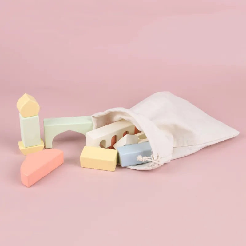 Pastelkleurige houten moskeebouwblokken in witte opbergzak, islamitisch speelgoed 3+