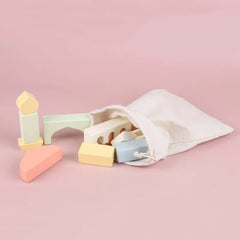 Pastelkleurige houten moskeebouwblokken in witte opbergzak, islamitisch speelgoed 3+